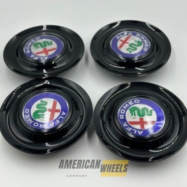 Black Excellence: 4Pcs Alfa Romeo Floating Center Caps in Varied Plate & Fit Diameter