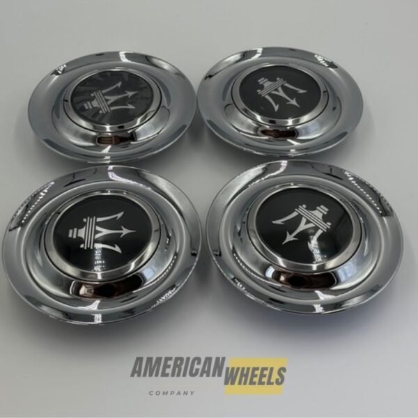 Silver Chrome Excellence: 4Pcs MASERATI Floating Center Caps in Varied Plate & Fit Diameter