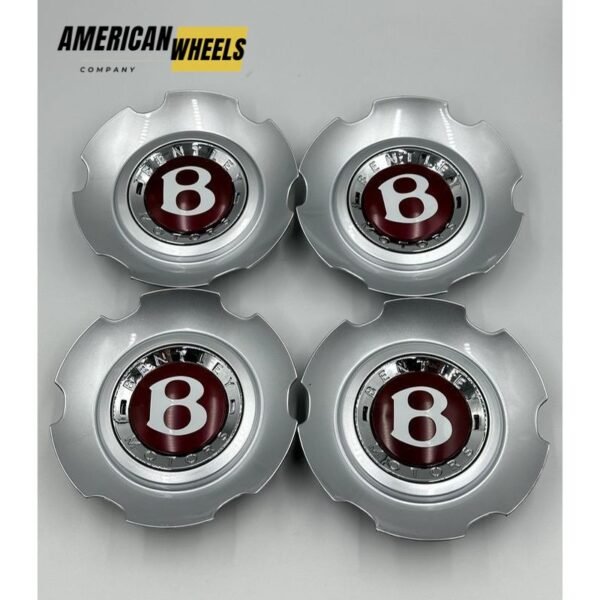 Bentley Wheel Center Caps – Luxury Silver and Chrome Finish (Set of 4) in Silver Wheel Cap Base Color with Red Bentley Logo