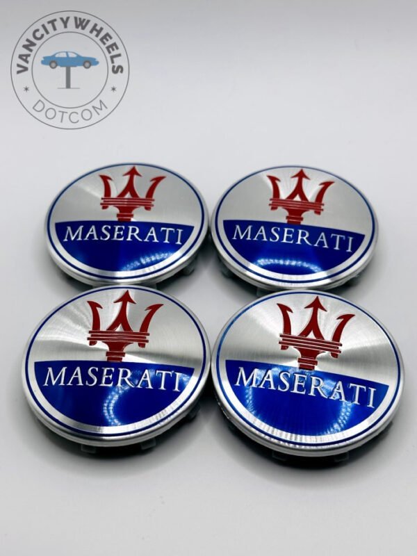 Set Of 4 Chrome/blue Maserati Alloy Wheel Center Caps 60mm, Chrome/blue Center Hub Caps For Maserati Cars 60mm