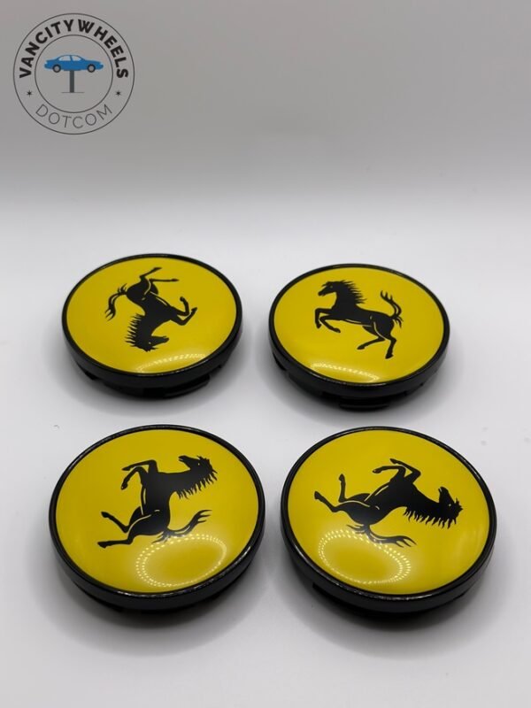 Premium 4pc 60mm/56mm Ferrari Hub Caps – Bright Yellow/Black Finish – Upgrade Your Ride