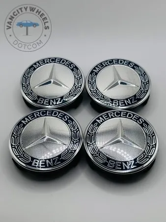 mercedesdarkblue.jpeg Set of 4 Chrome/Dark Blue Mercedes Benz Alloy Wheel Center Caps 74mm, Dark Blue/Chrome Center Hub Caps for Mercedes Benz 74mm - Image 1