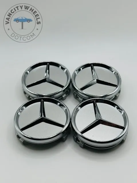 mercedessilver61mm.jpeg Set of 4 Gloss Chrome Mercedes Benz Alloy Wheel Center Caps 61mm, Gloss Chrome Center Hub Caps for Mercedes Benz 61mm - Image 1