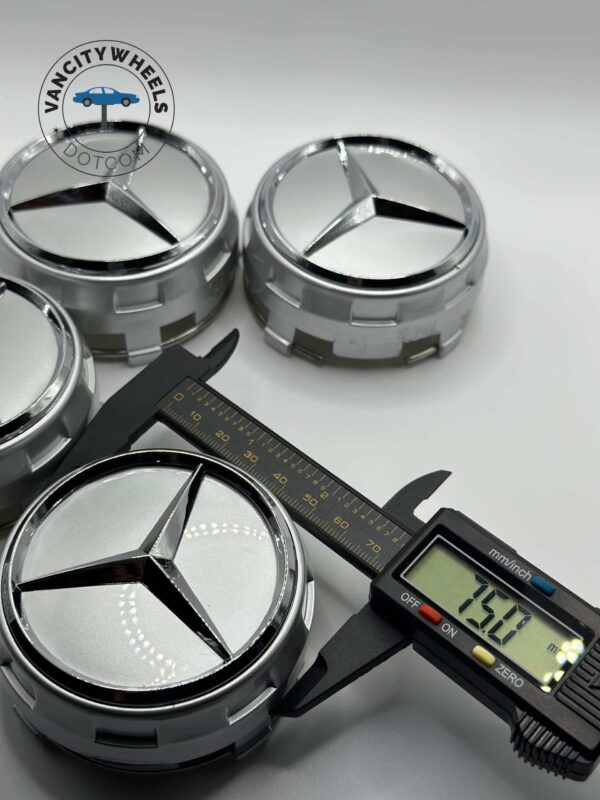 75mm Mercedes-Benz Wheel Center Caps (Set of 4) – Silver Raised Logo Hub Caps - Image 3