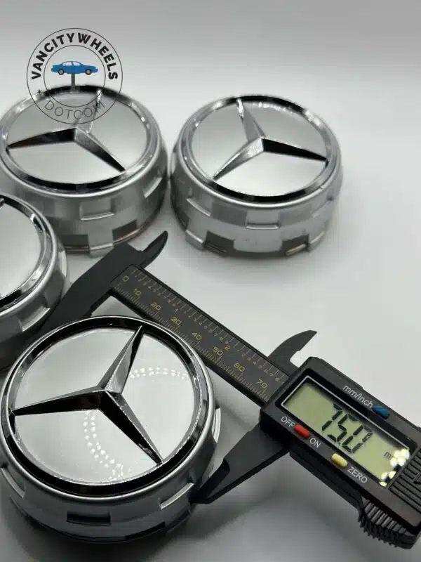 75mm Mercedes-Benz Wheel Center Caps (Set of 4) – Silver Raised Logo Hub Caps - Image 3