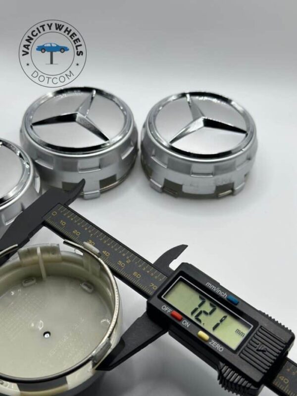 75mm Mercedes-Benz Wheel Center Caps (Set of 4) – Silver Raised Logo Hub Caps - Image 2