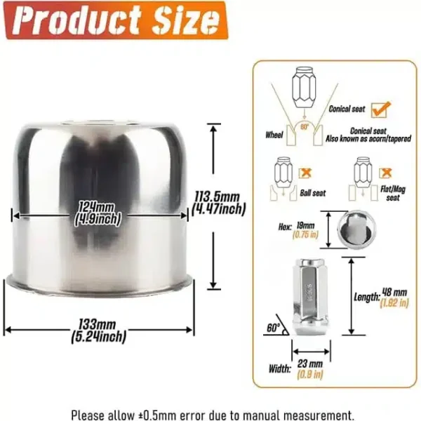 4.88in Stainless Push-Thru Trailer Center Caps with Removable Top Cap and 9/16"-18 Lug Nuts - 20274419=[74303CH+12232CHx8] - Image 3