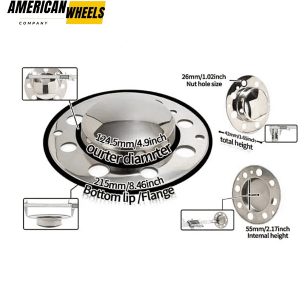 4.9in 2 Front 2 Rear Stainless Lug Nut Center Cap for 8x6.5 Wheel 134-1 4.9" Shaft Diameter - 20274371CH=[74351CH+74352CH]x2 - Image 2