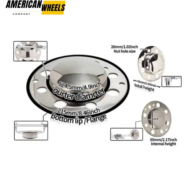 4.9in 2 Front 2 Rear Stainless Lug Nut Center Cap for 8x6.5 Wheel 134-1 4.9" Shaft Diameter - 20274371CH=[74351CH+74352CH]x2 - Image 2