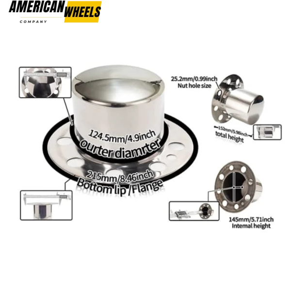 4.9in 2 Front 2 Rear Stainless Lug Nut Center Cap for 8x6.5 Wheel 134-1 4.9" Shaft Diameter - 20274371CH=[74351CH+74352CH]x2 - Image 3