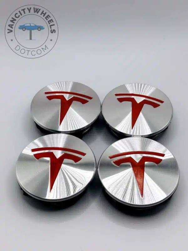 Red R Wheel Cap Tesla 57mm Red & Chrome Wheel Center Caps - 4pc Performance Set