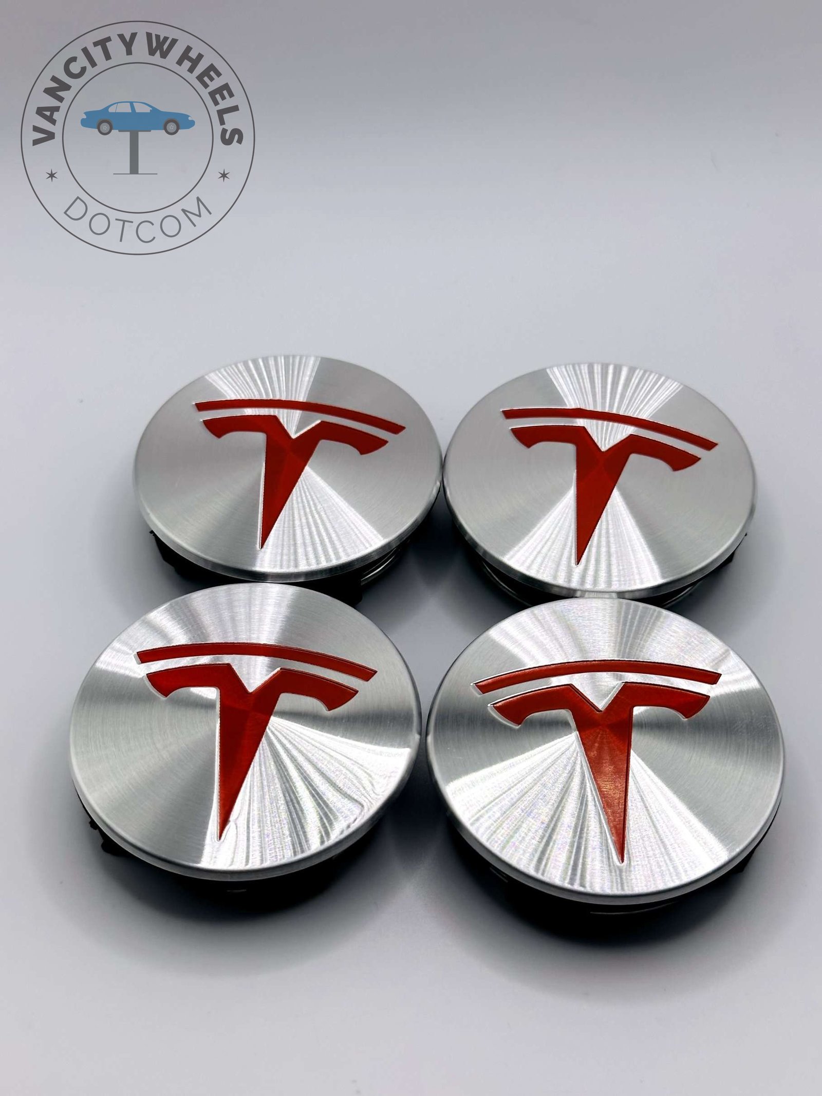 Tesla 57mm Red and Chrome Wheel Center Caps
