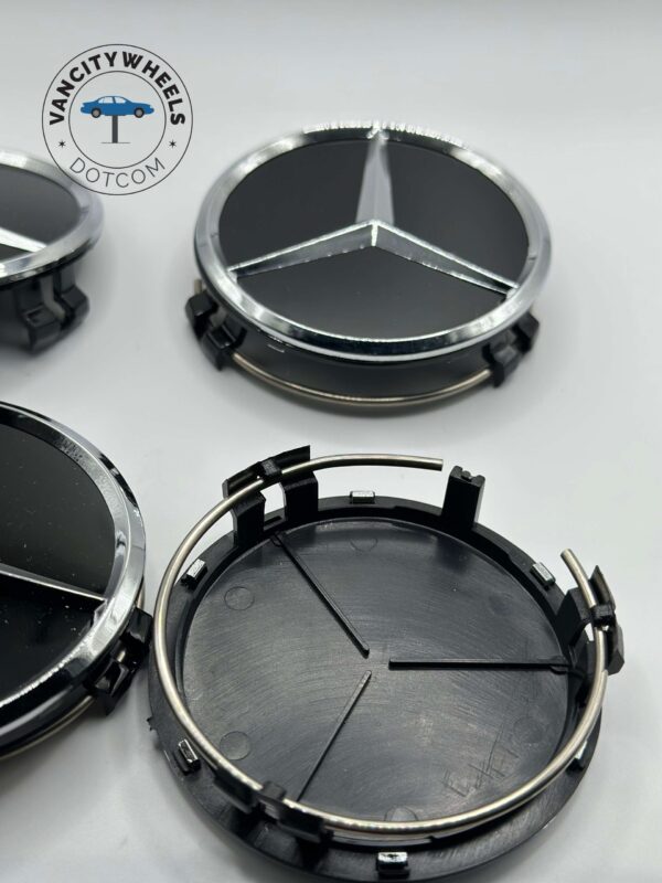 Mercedes Benz Glossy Black Wheel Caps - 75mm 4pc Set - Image 3