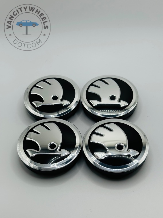Skoda 56mm Black and Silver Wheel Center Caps