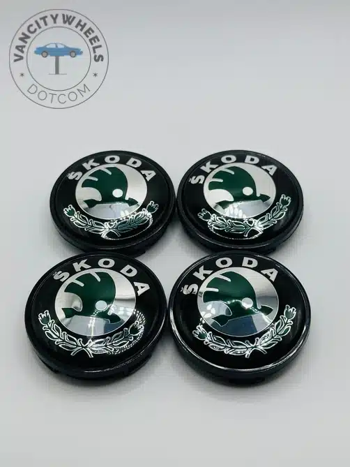 Skoda 56mm Green and Black Wheel Center Caps Skoda 65mm Green and Black Wheel Center Caps