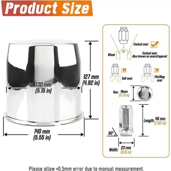 5.15in Push Through Center Caps & 9/16"-18 Lug Nuts for Trailer Truck RV Rims Center Bore - 20274420=[74035+12232x8] - Image 3