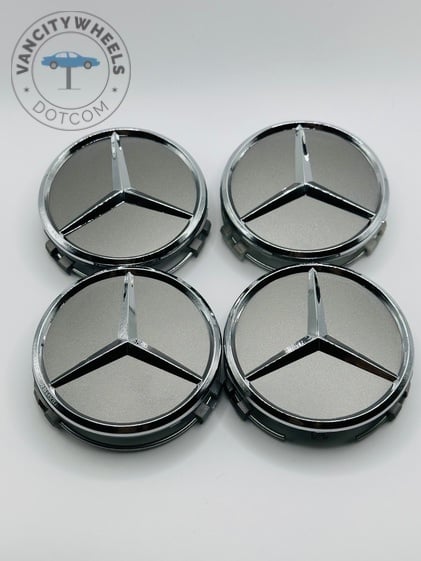 Mercedes-Benz 75mm Gloss Grey and Chrome Wheel Center Caps Mercedes-Benz 75mm Gloss Grey and Chrome Wheel Center Caps