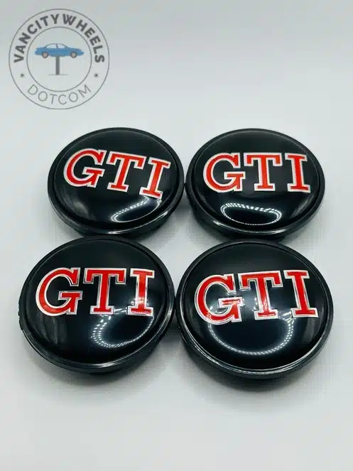 VW GTI 65mm Black and Red Wheel Center Caps