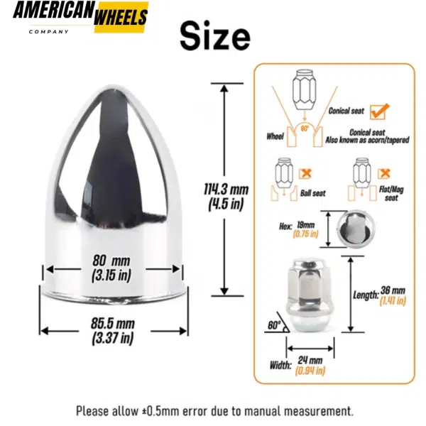 80mm 3.15in Trailer Bullet Push Through Center Caps and 1/2-20 Lug Nuts Sets - 20274416[74335+12228x6] - Image 3