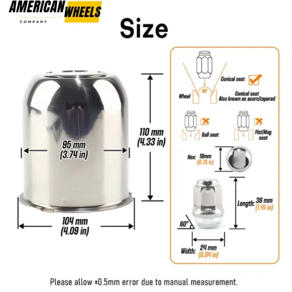 3.74in Push Through Stainless Steel Trailer Center Caps and 1/2-20 Lug Nuts Sets - 20274413[74323+12228] - Image 3