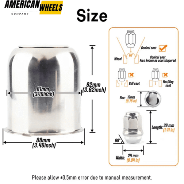 3.19in Trailer Center Caps 3.19" Bore 3.26" Tall Hub Cap and 1/2-20 Lug Nuts Sets - 74407[74304CH+12229CHx6] - Image 3