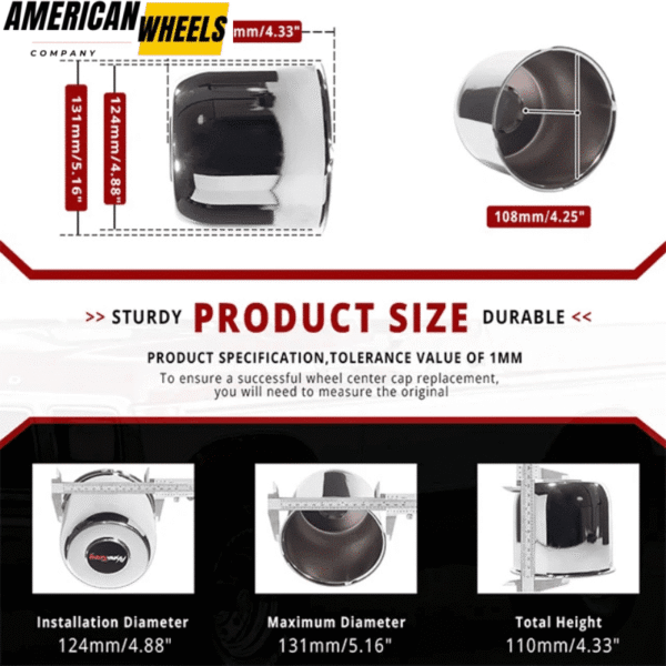 124mm 4.88in Chrome Push Thru Center Hub Caps Removable Top Cap 4pcs - 20263013CH [74073+71012] - Image 2